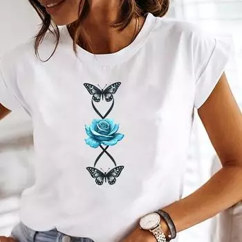 (Азиатский размер) Футболка женская женская футболка бабочка винтажная одежда повседневная цветочная мода короткий рукав принт женская графическая футболка S