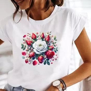 (Азиатский размер) Футболка женская женская футболка топ милый цветочный стиль одежда повседневная цветочный мода короткий рукав принт женская графическая футболка S