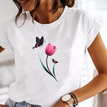 (Азиатский размер) Футболка женская женская футболка топ прекрасный бабочка тренд 90-х одежда повседневная цветочная мода короткий рукав принт женская графическая футболка S
