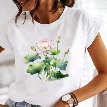 (Азиатский размер) Футболка женская женская футболка верхняя одежда повседневная цветочная тенденция прекрасная мода 90-х годов короткий рукав принт женская графическая футболка S