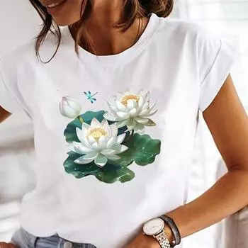 (Азиатский размер) Футболка женская женская футболка верхняя одежда повседневная цветочная тенденция цветок сладкий мода короткий рукав принт женская графическая футболка S
