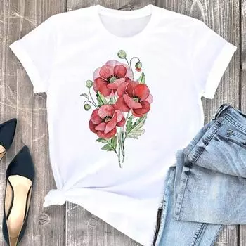 (Азиатский размер) Футболка женская женская одежда с коротким рукавом милый стильный принт с цветочным принтом модные футболки с графическим рисунком 90-х годов женская футболка S