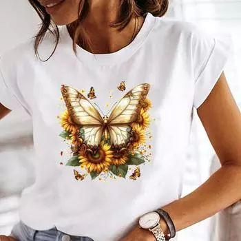 (Азиатский размер) Футболки с графическим принтом Футболка женская верхняя одежда Повседневная бабочка тренд 90-х Цветочная мода с коротким рукавом Принт Женская женская футболка S