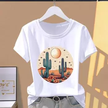 (Азиатский размер) Футболки с коротким рукавом Футболка Повседневная мода Мультфильм Кактус Стиль Трендовый принт Женская повседневная женская футболка с графическим принтом S