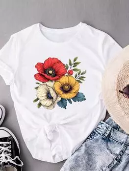 (Азиатский размер) Футболки с коротким рукавом Футболка с акварельным принтом Модный женский повседневный женский топ с графическим принтом S