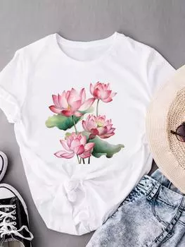 (Азиатский размер) Футболки с коротким рукавом Футболка Модный принт Женская повседневная футболка с цветочным принтом Женская футболка с графическим принтом S