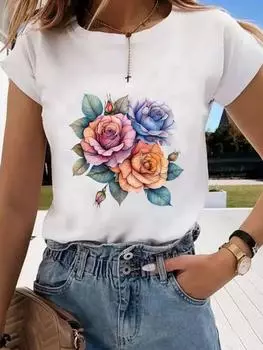 (Азиатский размер) Футболки с коротким рукавом, модная одежда, принт, женская футболка с цветочным принтом в стиле 90-х, повседневная женская футболка с графическим принтом S
