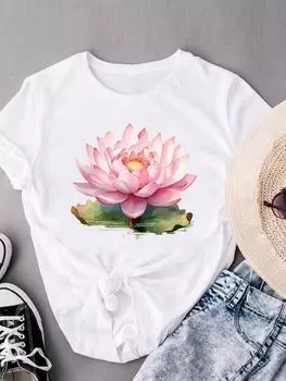 (Азиатский размер) Футболки с коротким рукавом с милым цветком, футболка с модным принтом для женщин, повседневная женская футболка с графическим принтом S