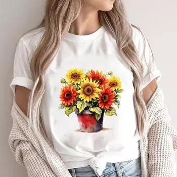 (Азиатский размер) Футболки с коротким рукавом с принтом, повседневная женская мода, милый цветочный узор, одежда, женский топ, графическая футболка S