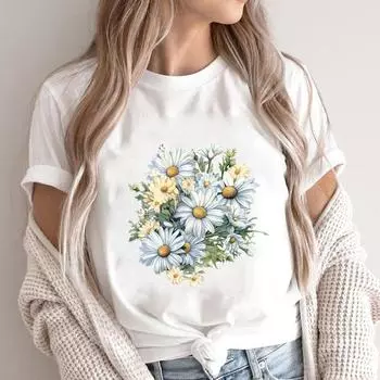 (Азиатский размер) Футболки с коротким рукавом с принтом, милые цветочные милые милые повседневные женские модные футболки, женские футболки с графическим принтом S