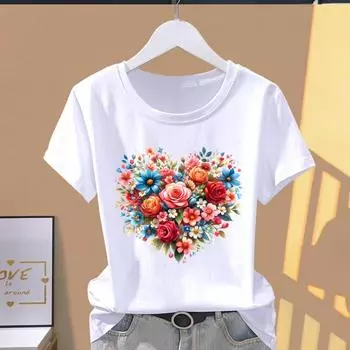(Азиатский размер) Футболки с коротким рукавом, трендовая футболка с принтом в виде сердца и цветка, модная женская повседневная футболка с графическим принтом S