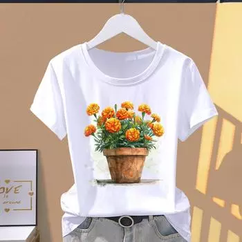 (Азиатский размер) Футболки с коротким рукавом, трендовая футболка с милым цветком, модный женский повседневный женский топ с графическим принтом S