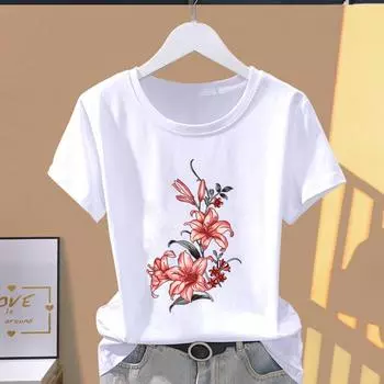 (Азиатский размер) Футболки с короткими рукавами, футболка, повседневная мода, цветочный акварельный стиль, тренд, женский повседневный топ с милым принтом, женская футболка с рисунком S