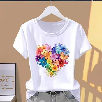 (Азиатский размер) Футболки с короткими рукавами Love Heart Flower Cute Trend T Clothing Casual Fashion Print Female Casual Women s Top Graphic Tee S
