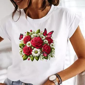 (Азиатский размер) Графические футболки Футболка Женская верхняя одежда трендовый цветок милый повседневный цветок мода короткий рукав принт женская футболка S