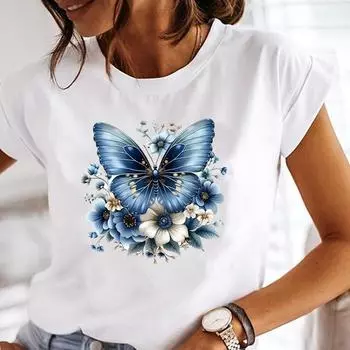 (Азиатский размер) Графические футболки Футболка Женская верхняя одежда Повседневная бабочка милая милая Цветочная мода с коротким рукавом Принт Женская футболка S