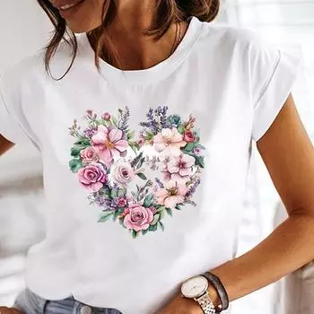 (Азиатский размер) Графические футболки Футболка Женская верхняя одежда Повседневная любовь сердце цветок тренд Цветы Мода короткий рукав принт Женская футболка S