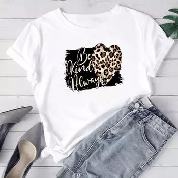 (Азиатский размер) Леопардовый стиль Love Heart Trend 90-х годов Женская модная футболка Женская женская футболка Милая футболка с коротким рукавом с принтом Футболки с графическим рисунком S