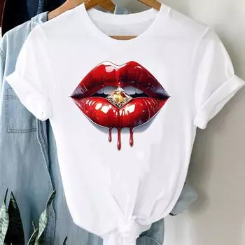 (Азиатский размер) lip стиль 90-х милый принт женская женская футболка верхняя одежда повседневная цветочная мода короткий рукав футболка женская графическая футболка S
