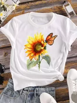 (Азиатский размер) Любовь Цветочный стиль тенденция Одежда Футболка Мода женская Повседневная женская футболка Топ с коротким рукавом Принт Женская Графическая футболка S