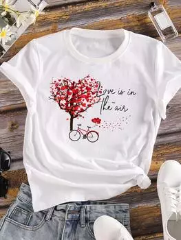 (Азиатский размер) Любовь мультфильм тренд Одежда Повседневный принт Женская футболка Топ Цветочная мода короткий рукав футболка Женские графические футболки S