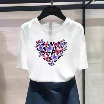Азиатский размер-любовь сердце бабочка тренд милый принт женская футболка одежда повседневная женская летняя футболка с графическим рисунком модная футболка с коротким рукавом S