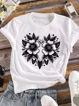 (Азиатский размер) Любовь Сердце Цветок Милая Женская Футболка Верхняя Одежда Повседневная Цветочная Мода Короткий Рукав Футболка Принт Женская Графическая Футболка S