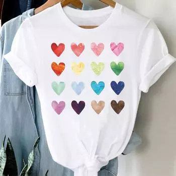 (Азиатский размер) Любовь Сердце Геометрическая Одежда Повседневная Цветочная Женская Футболка Топ Модная Футболка с Коротким Рукавом Принт Женская Графическая Футболка S