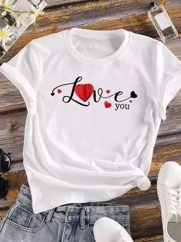 (Азиатский размер) Любовь Сердце Письмо Тренд Одежда Повседневный Принт Женская Женская Футболка Топ Модная Футболка С Коротким Рукавом Женские Графические Футболки S