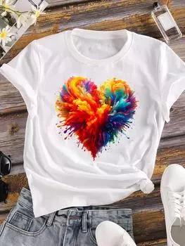 (Азиатский размер) Любовь Сердце Стиль Тренд Одежда Повседневная Цветочная Мода Короткий Рукав Футболка Женская Футболка Топ Принт Женская Графическая Футболка S