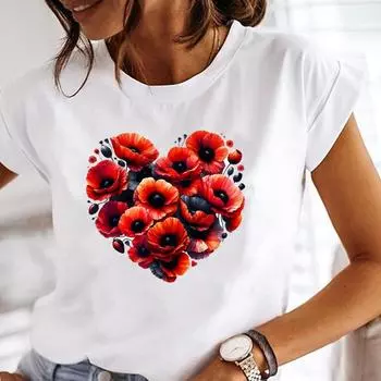 (Азиатский размер) Любовь Сердце тренд Графические футболки Футболка Женская верхняя одежда Повседневная Цветочная мода Короткий рукав Принт Женская футболка S