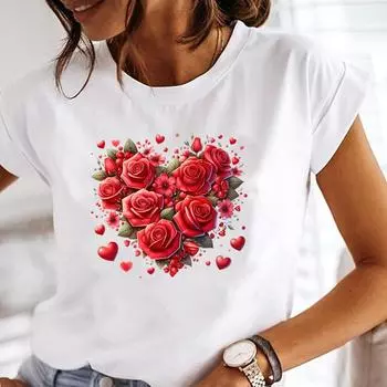 (Азиатский размер) Любовь Сердце тренд милый Графический Футболки Футболка Женская Верхняя Одежда Повседневный Цветочный Модный Короткий Рукав Принт Женская Футболка S