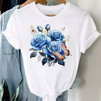 (Азиатский размер) Милая акварель 90-х годов Принт Женская Футболка Верхняя Одежда Повседневная Цветочная Мода Футболка с коротким рукавом Женские Графические Футболки S