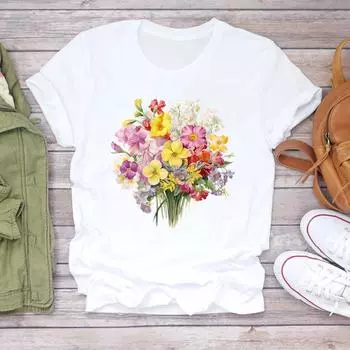 (Азиатский размер) Милая акварельная футболка с цветком, милая футболка 90-х годов, одежда, повседневная модная футболка с коротким рукавом, женская футболка с принтом, женская женская футболка с графикой S