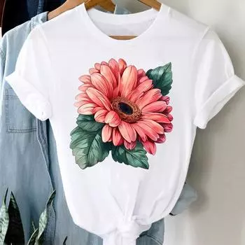 (Азиатский размер) Милая акварельная одежда Повседневная женская футболка с цветочным принтом Модная футболка с коротким рукавом с принтом Женская графическая футболка S