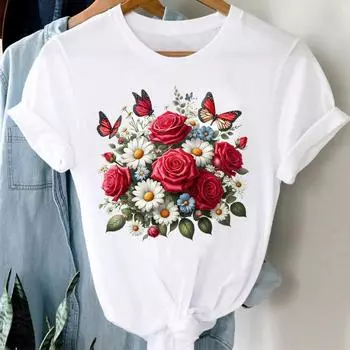 (Азиатский размер) Милая бабочка, милая одежда, повседневная женская футболка с цветочным принтом, модная футболка с коротким рукавом, женские графические футболки S