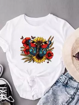 (Азиатский размер) Милая бабочка стиль Одежда Мода Принт Короткие рукава Футболки T Женский Повседневный женский топ Графический Tee S