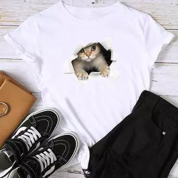 (Азиатский размер) Милая футболка с 3D принтом кота в стиле 90-х, женская летняя футболка с принтом кота, женская футболка, повседневная модная футболка с коротким рукавом S