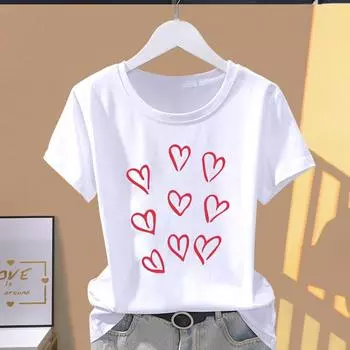 (Азиатский размер) Милая футболка с принтом сердца и сердечками, повседневная футболка с принтом, женская повседневная женская верхняя модная футболка с коротким рукавом S