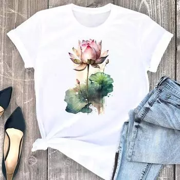 (Азиатский размер) Милая милая футболка с акварельным цветком, женская футболка, женская одежда с коротким рукавом, модные футболки с графическим принтом S