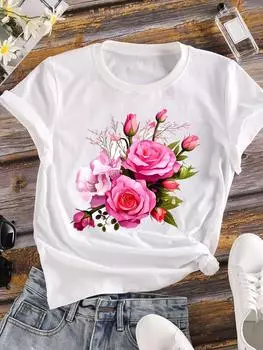 (Азиатский размер) Милая милая футболка с коротким рукавом с цветочным принтом, женская футболка, повседневная модная женская футболка с цветочным принтом S
