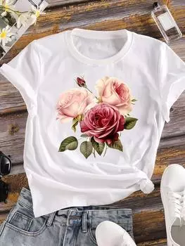 (Азиатский размер) Милая милая милая одежда Повседневная женская футболка с принтом Цветочная модная футболка с коротким рукавом Женские графические футболки S