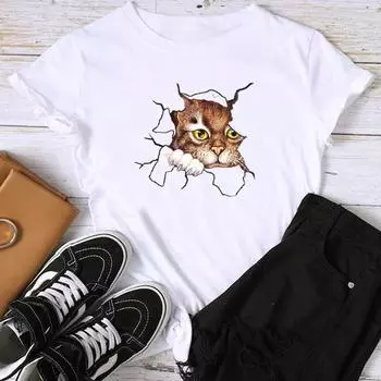 (Азиатский размер) Милая трендовая футболка с принтом кота, милая футболка с рисунком, женская женская летняя футболка, женская футболка, повседневная модная футболка с коротким рукавом S