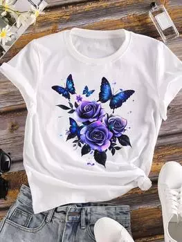 (Азиатский размер) Милые бабочки цветы футболка с коротким рукавом женская футболка верхняя одежда повседневная Цветочная мода принт женская женская графическая футболка S