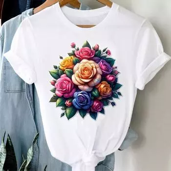 (Азиатский размер) милые цветы 90-х Одежда Повседневная Цветочная Женская Футболка Топ Модная Футболка с Коротким Рукавом Принт Женская Графическая Футболка S