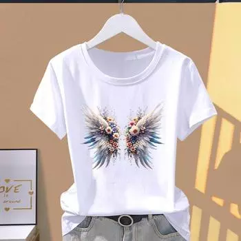 (Азиатский размер) милые милые крылышки футболки с коротким рукавом трендовая футболка модная принт женская повседневная женская футболка с графическим принтом S