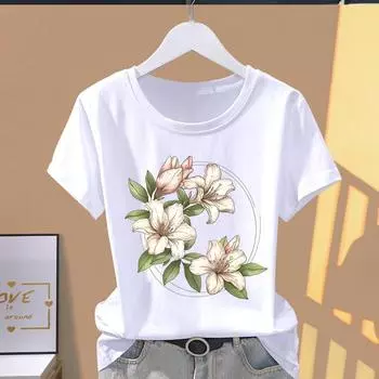 (Азиатский размер) Милый цветочный стиль Модный принт Футболки с коротким рукавом Одежда Футболка Женская Повседневная женская футболка с графическим принтом S