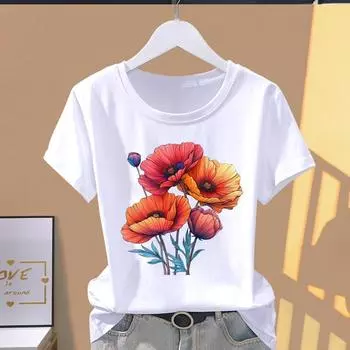 (Азиатский размер) Милый цветочный стиль Модный принт Футболки с коротким рукавом Одежда Футболка Женская Повседневная женская футболка с графическим принтом S
