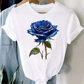 (Азиатский размер) Милый цветочный стиль Принт Женская футболка Верхняя одежда Повседневная Цветочная мода Футболка с коротким рукавом Женские графические футболки S