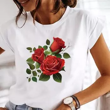 (Азиатский размер) Милый цветочный тренд Графические футболки Футболка Женская верхняя одежда Повседневная Цветочная мода Короткий рукав Принт Женская футболка S